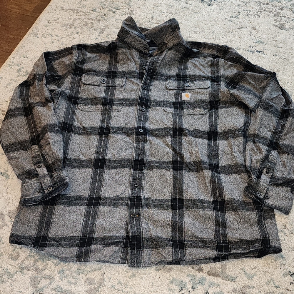 Carhartt Gray and Black Plaid Heavy Weight Button-Up Shirt XL/TALL